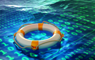 A lifebuoy floating on a digital sea of binary code, symbolizing Disaster Recovery and data protection in the face of cyber threats or system failures.