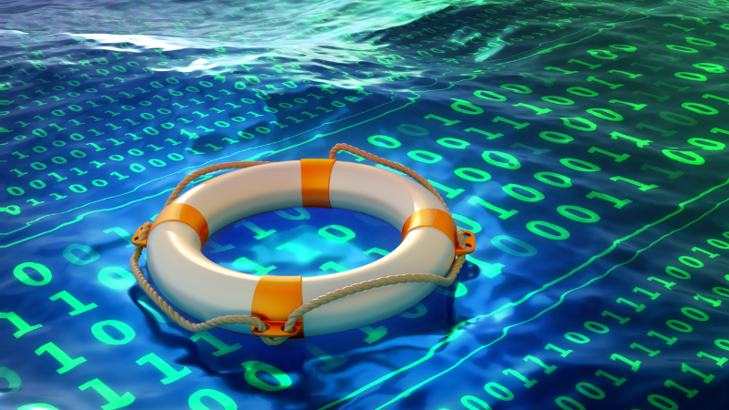 A lifebuoy floating on a digital sea of binary code, symbolizing Disaster Recovery and data protection in the face of cyber threats or system failures.